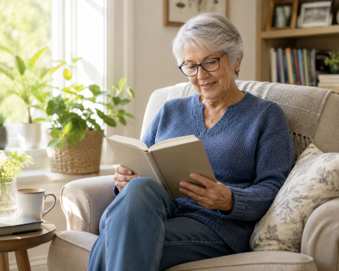 Senior woman reading in a bright living room